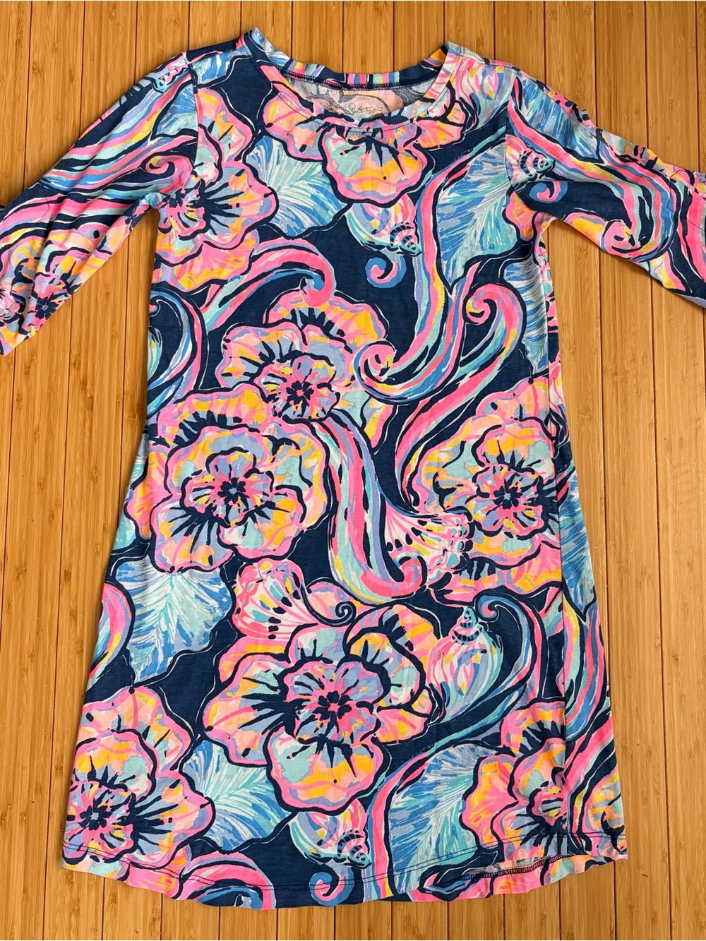 Lilly Pulitzer Preston Floral Dress 3/4 Tie Sleeves Navy Mukticolor XXS